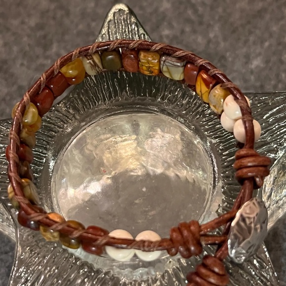 Leather Wrap Bracelet - Red Creek Jasper, Serpentine Jade, Silver Artisan Button - Picture 4 of 8